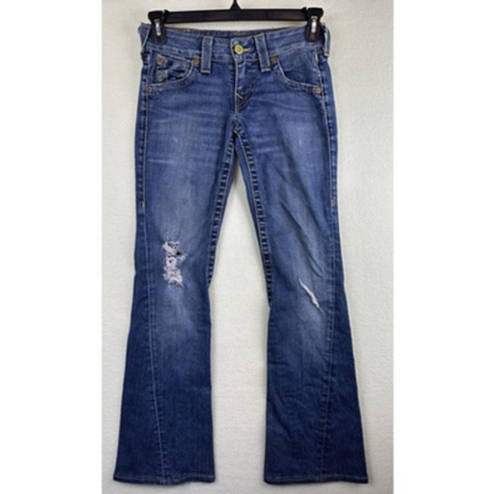 True Religion Joey Super T Flare Jeans Women 27 Medium Wash Low Rise Distressed